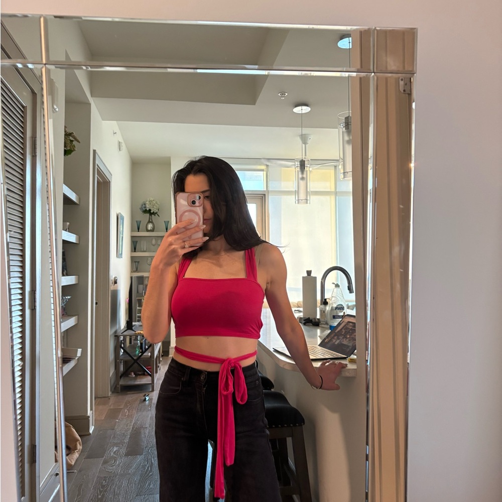 Women's Hot Pink Square Neck Tie-Waist Crop Top